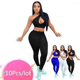 Women's Two Piece Pants Bulk Item Wholesale Lots Casual Fitness Outfits Women Sleeveless One Shoulder Crop Tops Skinny Legging Sets