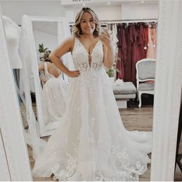 Plus size Wedding Dress A-Line Deep V-Neck Lace Appliques Backless Tulle Floor Length Sweep Train Bridal Gown Custom Made