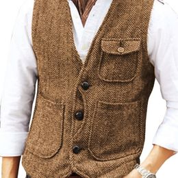 Men's Vests Brown Herringbone Wool Tweed V Neck Single Breasted Retro Tooling Male Gentleman Business Waistcoat For Wedding 221114