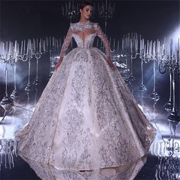 Haute Couture Princess Wedding Dress Sparkly Beads Long Sleeve Bridal Ball Gowns 3D Appliques Custom Made Robes