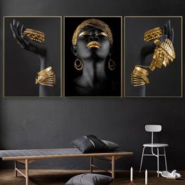 Paintings African Woman Wall Painting Art Posters and Prints Holding Gold Jewellery Canvas Picture for Living Room Decor 221021