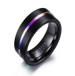 Men039s Tungsten Carbide Ring 8 mm Black Brackshed Inclay Rainbow Colored Line LGBT PRIDE RING9416594