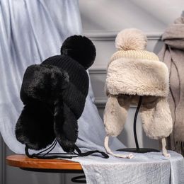 Berets Women's Pompom Fur Knitted Bomber Hat With Earflaps Plus Velvet Ladies Winter Warm Beanies Ski Cap Bonnet Femme Ushanka 2022