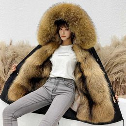 Women's Fur HANZANGL Women Coat 2022 Winter Style Overcoming Mid-length Detachable Raccoon Liner Parkas 10 Color M-7XL