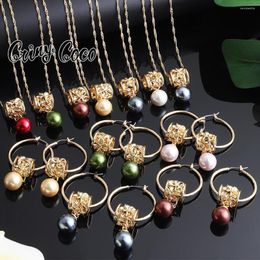 Necklace Earrings Set Cring Coco Hawaiian Multi-color Pearl Hoop Gold Plated Polynesian Plumeria Pendant Necklaces For Women