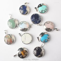 Pendant Necklaces Lapis Tiger Eye Aventurine Turquoises Opal Rose Pink Quartz Unakite Star Moon Inlaid Alloy Disc Bead 1 PCS