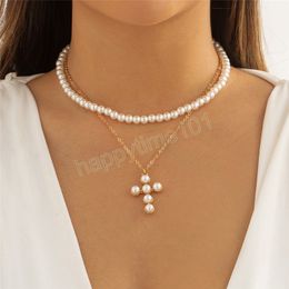 Pearl Cross Jesus Pendant Necklace for Women Wed Bridal Elegant Bead Chain Christian Jewellery Accessories