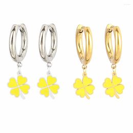 Hoop Earrings Color Stainless Steel Earring Clover Charms Enamel Epoxy Flower Pendant For Women Jewelry