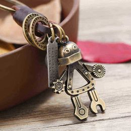 Keychains New Fashion Brand Genuine Leather Punk Vintage Robot Pendant Key Chains Alloy Robot Men's Leather Personality Jewellery Wholesale T220909