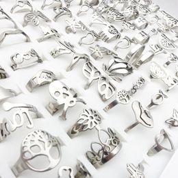 Band Rings MIXMAX Wholesale 50pcsLot Men Womens Stainless Steel Rnigs Laser Cut Patterns Mix Styles Fashion Jewelry Party Silver Color 221115