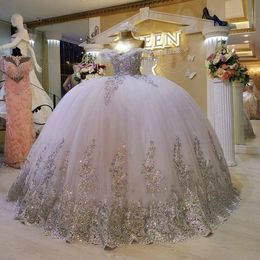 Gillter Crystal Applique Quinceanera Dresses 2023 Puffy Skirt Off Shoulder Tassel Lace-up Corset Prom Abayat robe fille