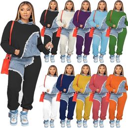 Womens Two Piece Pants Autumn Workout Denim Patchwork Women 2 Set Outfit Sweatsuit Tshirt and Jogger Matching Tracksuit 221115
