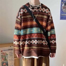 Men's Sweaters HOUZHOU Knitted Vintage Graphic Sweater with Pattern Brown Blue Pullovers and Jumpers Korean Streetwear Harajuku 221114