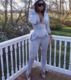 Women's Two Piece Pants Sexy Women Solid Winter Casual Hooded Tracksuit Bodycon Outwear Outfits Top Joggers