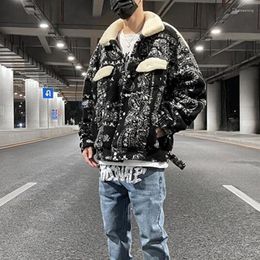 Men's Jackets Harajuku Cashew Print Polar Fleece Thick Winter Coat Mens Lapel Pockets Patchwork Oversized Windbreaker Cotton Clothes