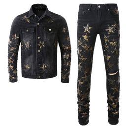 Black Tracksuits Ripped Star Patch Men's 2 Piece Sets Fashion Slim Denim Jacket and Stretch Skinny Jeans Spring Worn Holes Ropa Hombre