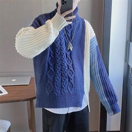 Mens Sweaters Fashion Turtleneck Knitted Spliced Loose Irregular Sweater Clothing Autumn Casual Pullovers Allmatch Warm Tops 221115