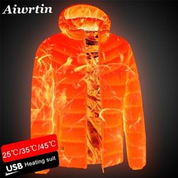 Men's Down Parkas Men Heated Jackets Outdoor Coat USB Electric Battery Long Sleeves Heating Hooded Warm Winter Thermal Clothing 221114