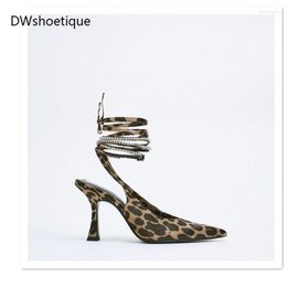 Dress Shoes Pointed Toe Ankle Strap Women Pumps Thin High Heel Casual Leopard Slingbacks