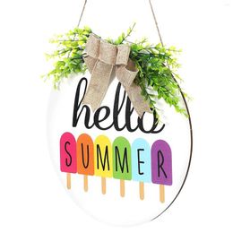 Decorative Flowers Hello Summer Welcome Sign Front Door Hanging Wood With Artificial Plants & Bowknot Farmhouse Seasonal Ornament