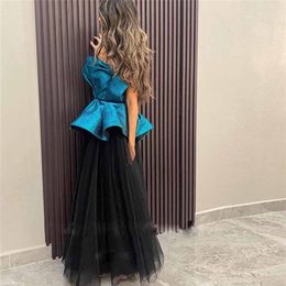 Contrast Colour Prom Dresses Strapless Blue Tulle Black Formal Gown Ruffles Top Saudi Arabic Women Evening Party Dress