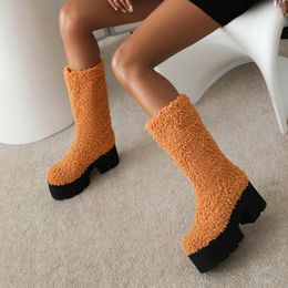 Boots Fashion Lady Autumn Winter Platform Warm Knee High Boots Female Faux Lamb Wool Long Boots Slip On Square High Heel Women's Shoes 221114