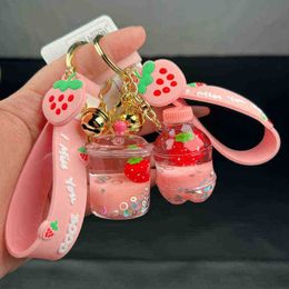 Keychains Cute Floating Into The Oil Strawberry Keychain Cure Cola Milk Bag Car Pendant Girlfriends Festival Birthday Gift Keyring T220909