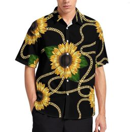 Men's Casual Shirts Gold Chains Print Daily Shirt Men Yellow Sunflowers Blouses Short Sleeves Aesthetic Oversized