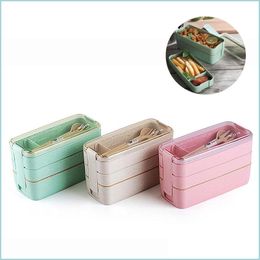 Lunch Boxes Bags Wheat St Lunch Box Microwave Bento Boxes Three Tier Dinner Health Natural Student Portable Food Storage Drop Delive Dhrqs