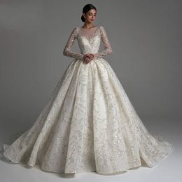 Luxury Princess Wedding Dress 2023 Bride Gowns O-Neck Long Sleeve Vestido De Novia Lace Beaded Cathedral Train Robe De Mariee