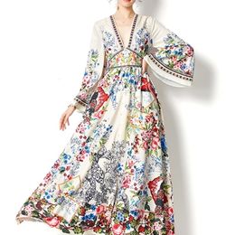 Casual Dresses Bohemian Sexy Deep V Neck Holiday Dress Spring Women's Long Flare Sleeve Buttons Up Floral Print Split Party Robe 221114