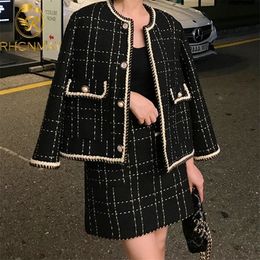 Two Piece Dress Autumn Elegant Black Plaid Woollen Tweed Jacket Coat Mini Skirt Set Office Women Outfits Tracksuit 221115