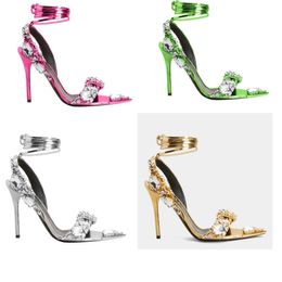 Wedding dress rhinestone sandal pointy toe jewel high heels tom-sford-sandal Mirror Leather and Crystal Stones gold sliver 35-42 superwomen