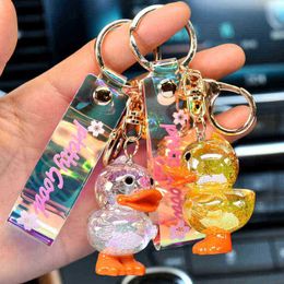 Keychains Cartoon Acrylic Cute Crystal Little Duck Keychain Colorful Little Yellow Duck Sakura Leather Rope Doll Bag Pendant Jewelry Gifts T220909