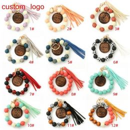 Party Favor Leopard Wood Beads Bracelet Keychain Women Leather Tassel Wristlet Key Chain for gift MAMA Letters wly935