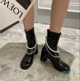 Boots Solid Color Women Ankle Round Toe Pearl Metal Chain Decoration Thick High Heels Black White Slip On Stretch Booties