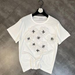 Women's T Shirts Sweet Heavy Beads 3D Flower Design Cotton Tshirt Female Fashion Round Neck Short Sleeve White T-shirt 2022 Summer Basic