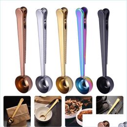 Coffee Scoops Stainless Steel Coffee Scoops Measuring Spoon With Sealing Clip Kitchen Baking Scale Milk Powder Round Drop Delivery H Dh8By