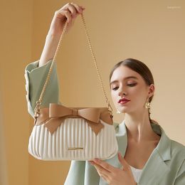 Evening Bags Bow Knot Chain Women's Bag 2022 Cowhide Pleated Diagonal Shoulder Shell Texture Handbags Women Luxury Designer
