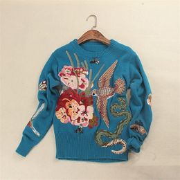 Womens Sweaters Spring Runway Women Pullovers Luxury Blue Beading Bird Embroidery Christmas Vintage Ladies Knitted Jumper 221115