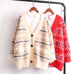 Women's Knits 2022 Button Oversized Knitted Jumper Cardigans Vneck Geometric Long Poncho Knit Jacket Casual Female Sweater