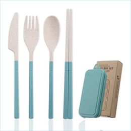 Dinnerware Sets Wheat St Tableware Set Portable Folding Tablewares Cutlery Knife Fork Spoon Chopsticks Detachable With Storage Box D Dhtak