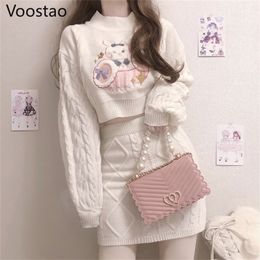 Two Piece Dress Autumn Winter Sweet Lolita Style Skirt Sets Japanese Girls Cute Rabbit Embroidery Kintted Sweater Skirts Spring Women 2PC Set 221115