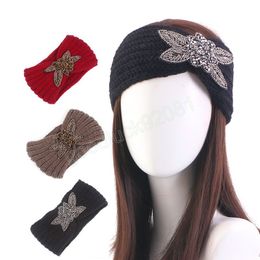 Knitted Headband for Women Beaded Flower Rhinestone Crochet Turban Head Wrap Winter Warm Outdoor Girls Hair Band Accessories