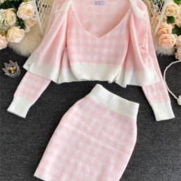 Two Piece Dress Korean Sweet Knit Plaid Cardigans Camisole Skirts 3pcs Sets Girls Short Sweater Coat Vest Mini Skirt Suits Women Outfits 221115