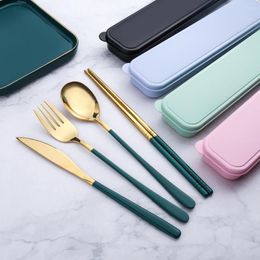 Dinnerware Sets 3Pcs Stainless Steel Knife Spoon Fork Chopsticks Set With Storage Box Korean Travel Picnic Restaurant Kitchen Tableware