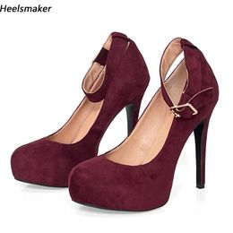 Heelsmaker New Women Pumps Faux Suede Ankle Strap Round Toe Sexy Stiletto Heels Burgundy Party Shoes Ladies Plus US Size 5-20