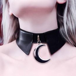 Pendant Necklaces Women Black Cool Punk Goth Vintage Metal Crescent Moon Leather Collar Choker Necklace