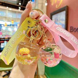 Keychains Cute Floating Quicksand Liquid Keychain Cartoon Acrylic Into Oil Apple Key Ring Women Bag Car Pendant Jewellery Gift T220909