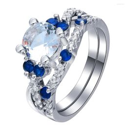 Wedding Rings Hainon Fashion Finger Design Micro Paved Blue Cross Zircon Engagement Ring Set For Women Gifts
